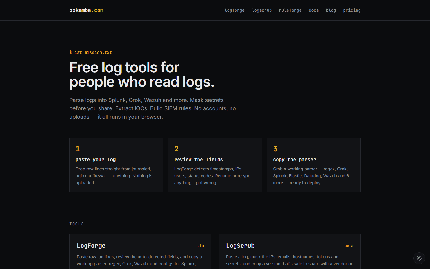 bokamba.com · home: paste your log, review the fields, copy the parser