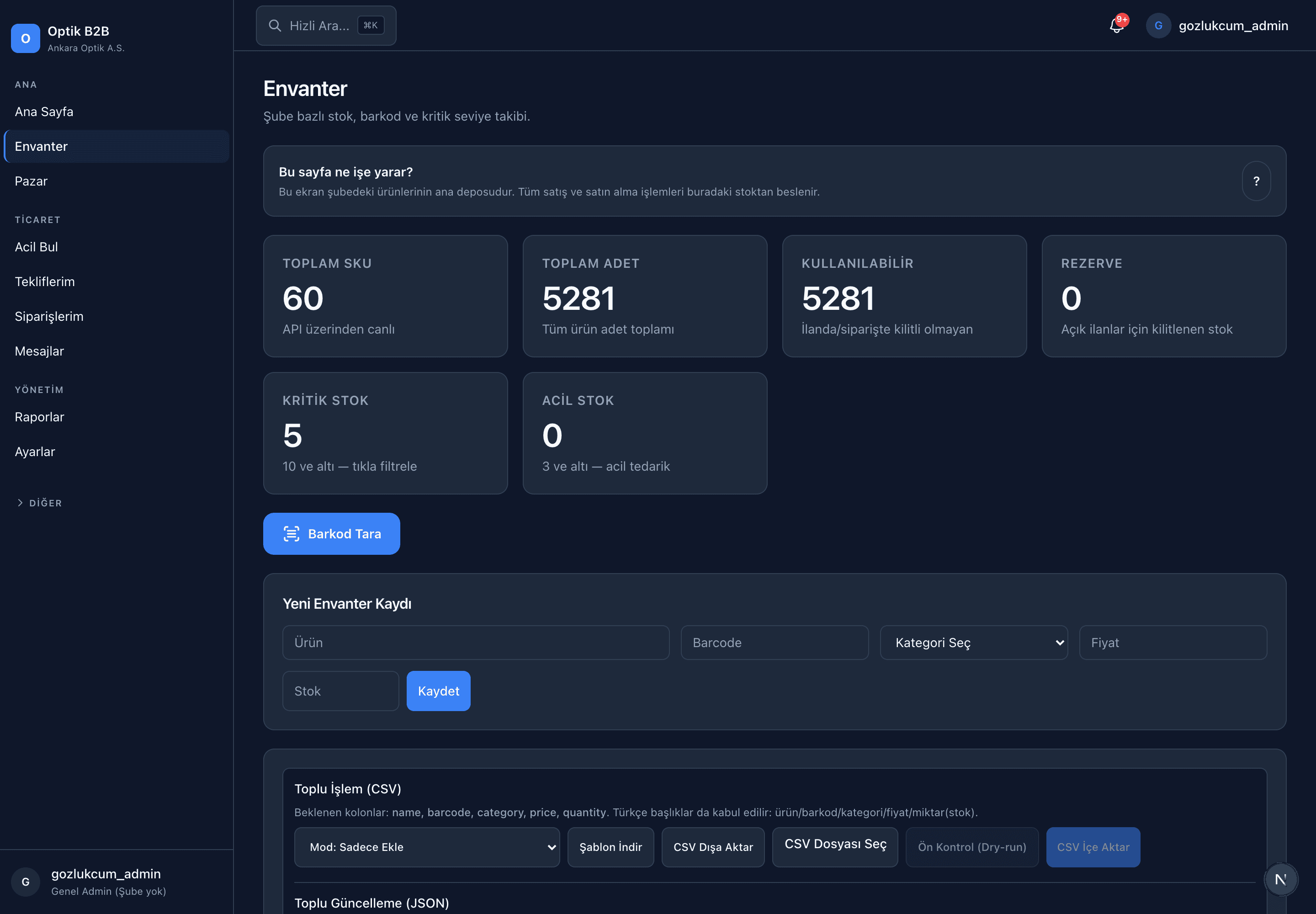 envanter · kritik stok uyarıları