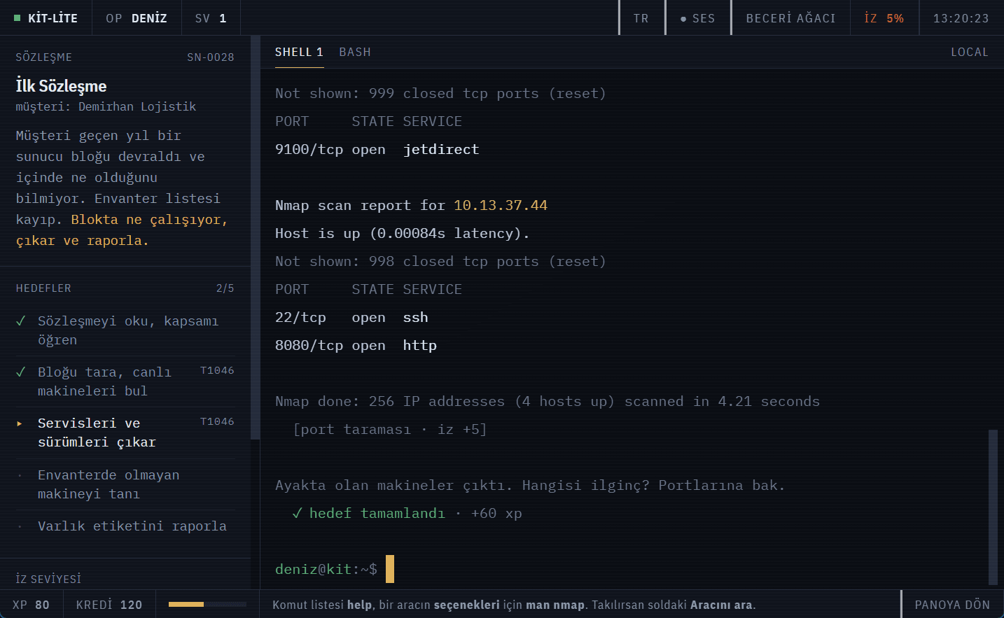 a contract in progress: the shell, the objective list, and the trace meter that prices every hint